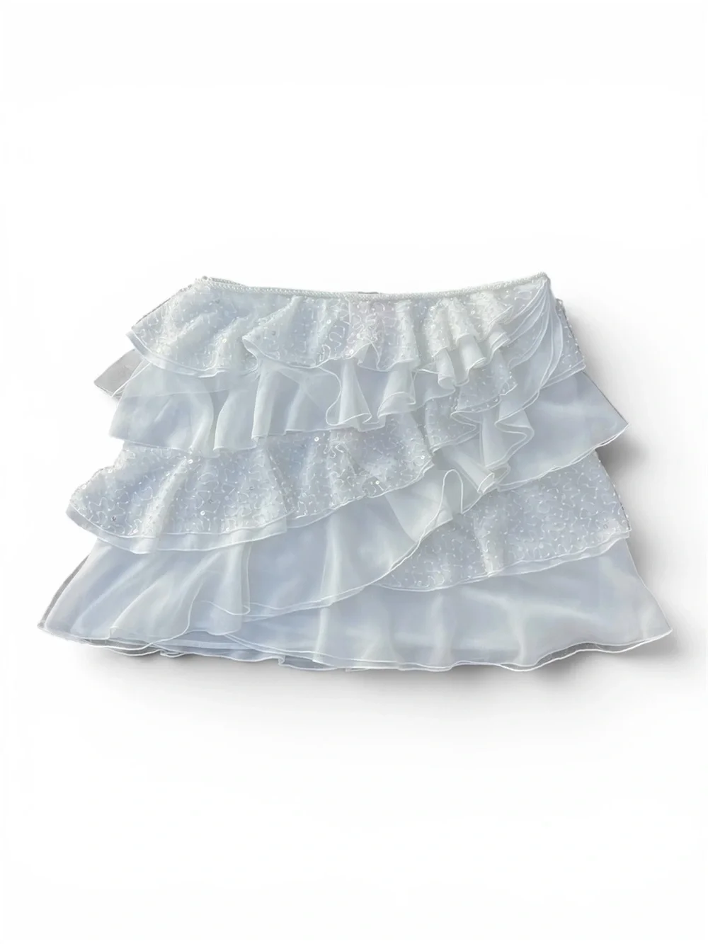 NWT Dyspnea Petalè White Hand Beaded Sequin Tiered Ruffle Mini Skirt